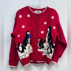 Karen Scott Festive Red Penguin Cardigan